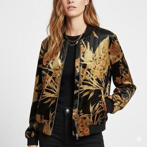 ZARA Velvet Floral Bomber Jacket Gold Black Tropical Print Size Medium Like New